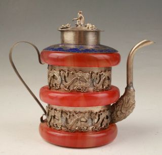 Unique Chinese Tibetan Silver Jade Teapot Kettle Old Handicraft Gift Dragon