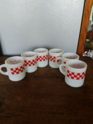 6 Vintage Ralston Purina Red Checker R.  P.  Co.  Milk Glass Coffee Cup Mug Gingham