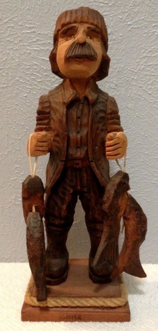 Fisherman With Fish On A Stringer Hand Carved Wood From Chile 12 1/2 In Tall