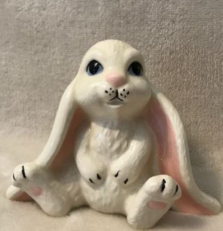 Vintage Ceramic Long - Eared White With Pink Bunny Rabbit Figurine