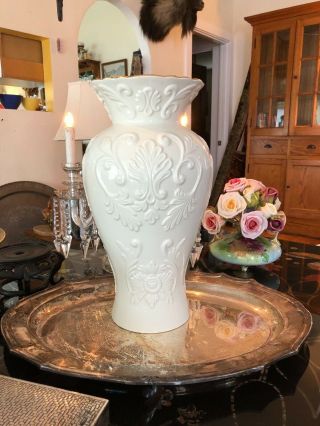 Huge 16 " Lenox Georgian Embossed Ivory Porcelain 24k Gold Trim Flower Vase