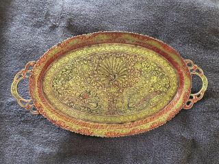 Vintage Oval Brass Tray Engraved With Peacock And Floral Motif Made - In India