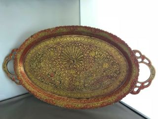 Vintage Oval Brass Tray Engraved With Peacock and Floral Motif Made - in India 2