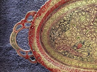 Vintage Oval Brass Tray Engraved With Peacock and Floral Motif Made - in India 4