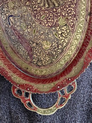 Vintage Oval Brass Tray Engraved With Peacock and Floral Motif Made - in India 6