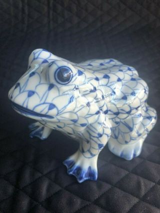 Blue And White Ceramic Hand Painted Frog Andrea By Sadek Fishnet Design