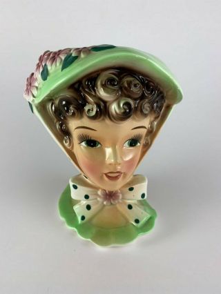 Enesco Lady Headvase Ceramic Green Hat 5.  25 " Vintage Planter