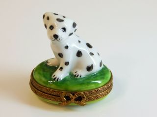Limoges France Mini Hinged Lid Box,  Dalmation Dog On Green Oval By Parry Vielle