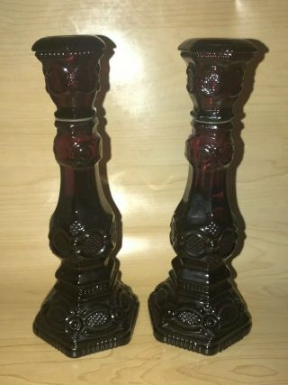 2 Avon 1876 Cape Cod Ruby Red Glass Candle Sticks Holders - Patchwork Cologne