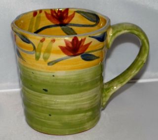 Pier 1 Elizabeth Coffee Mug Tea Cup Hand Painted Green Yellow Floral Pier One