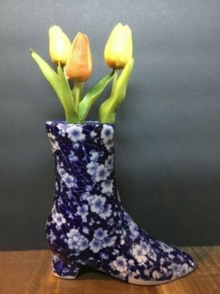 Blue & White Floral Ceramic Victorian Boot Vase Made In China