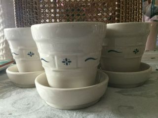 3 Longaberger Pottery Medium Flower Pots Saucer Woven Traditions 2 Blue,  1 Green