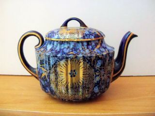Royal Doulton Burslem Tea Pot In Blues With Gold Spray Pattern - Gold Trim 1880s