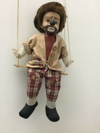 Vintage Porcelain Head Circus Clown Marionette String Puppet Handmade Painted