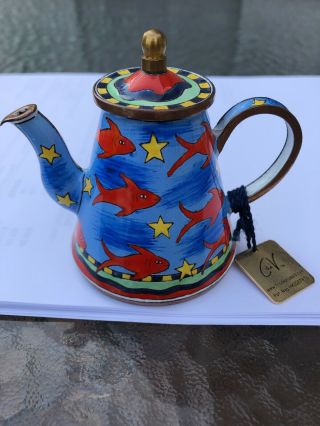 Miniature Enamel Teapot Trade Plus Aid 469 With Tag.