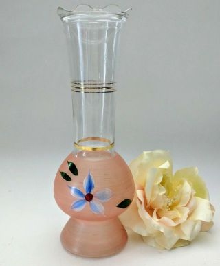 Vintage Vase Bulbous Hand Painted Pink W White Flower Gold Trim Scallop Lip 9 "