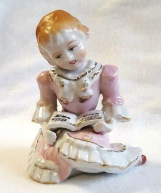 Vintage Lady Figurine Reading Music Book Pink Ruffle Dress Floral Gold Trim 5 "