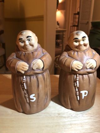 Set Of 2 Vintage 6” Twin Winton Ceramic Friar Monk Salt & Pepper Shakers