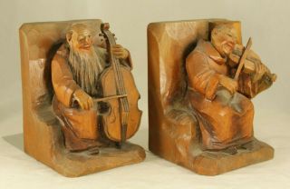 Anri Italy 5 " Monk String Musician Carved Wood Bookends - Cello & Viola