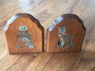 Vintage Wooden Painted Owl Bookends - Set Of 2