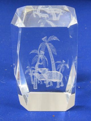 Hologram Etched Elephant - Palm Trees Crystal Glass Paperweight 3 " Geometrical