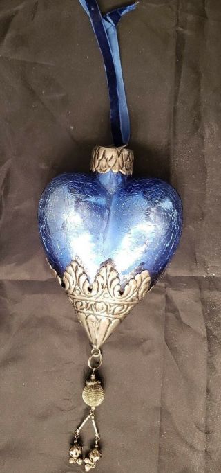 Vintage Blue Kugel Heart Christmas Ornament - 10 " Long