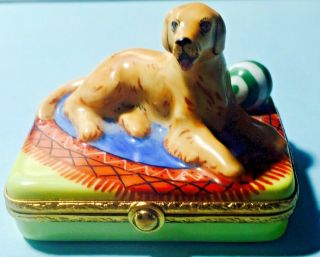 Limoges France Peint Main Dog With Open Mouth Porcelain Trinket Box Nr 203 J.  V.