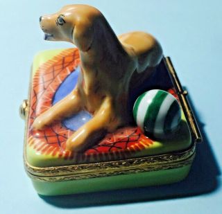 Limoges France Peint Main Dog with open mouth Porcelain Trinket Box NR 203 J.  V. 3