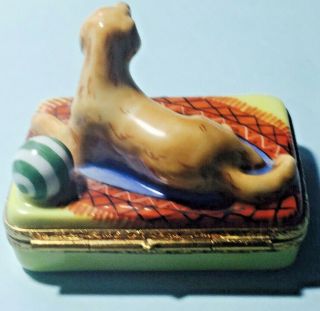 Limoges France Peint Main Dog with open mouth Porcelain Trinket Box NR 203 J.  V. 4