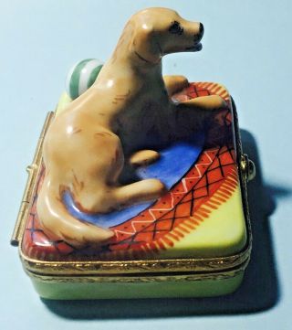 Limoges France Peint Main Dog with open mouth Porcelain Trinket Box NR 203 J.  V. 5