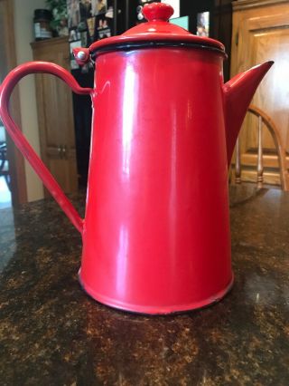 Vintage Made In Poland Enameled Red Coffee Pot Kettle Enamel Ware