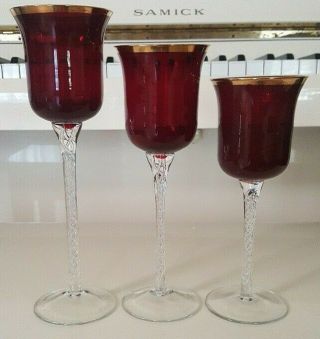 Set Of 3 Elegant Glass Ruby Red Candle Holders With Gold Rims Small Med Large
