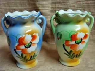 2 Small Vintage Japan Hand Painted Porcelain Urn Vases - Colorful Poppy Design