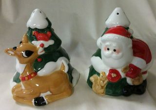 Christmas Trees With Santa & Rudolph Salt & Pepper Shaker Set Lenox 2002