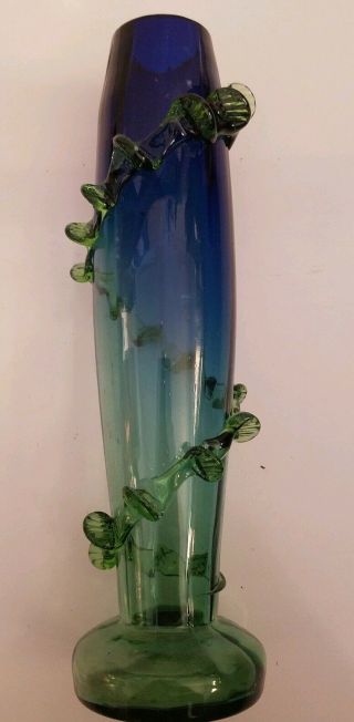 Vintage Empoli Ribbed Cobalt /green Glass Vase Italy Hand Blown Crystal Motif