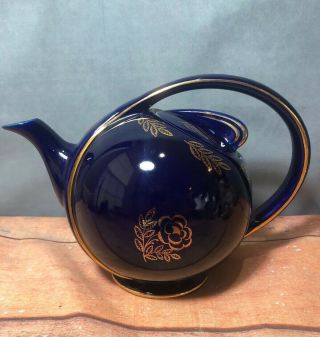 Vintage Hall Airflow Teapot Cobalt Blue W/gold Trim Roses 8c
