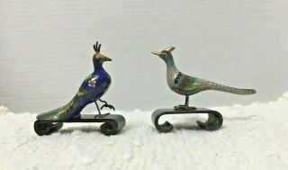 Vintage Cloisonne Brass Bird Figurines On Wood Stands