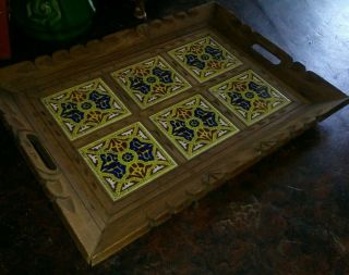 Vintage Boho Farmhouse Chic Large Mexican Tile And Hand Carved Wood Tray