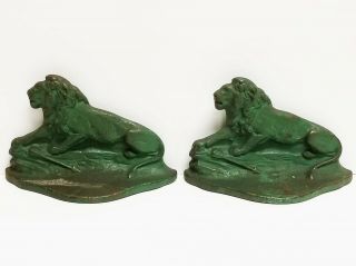Vintage Connecticut Foundry Cast Iron Figural Lion Bookends Copyright 1928 Green