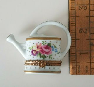 Pretty Limoges F.  M Trinket Box Watering Can Hand Painted Floral