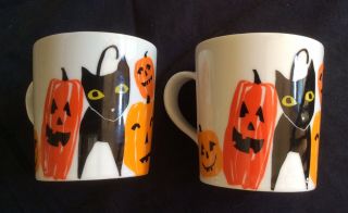 Set Of 2 Cups Mugs Halloween Orange Pumpkin & Black Cats By Crate & Barrel
