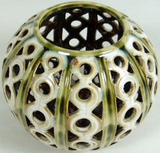 Ceramic Candle Holder Luminary Light Diffuser Globe Olive Green Cream Pottery