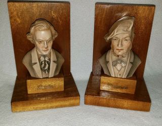 Vintage Toriart Wooden Bookends Hand Carved Wagner Chapin Music Composers Decor