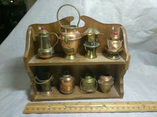 Set Of 8 Vintage Miniature Brass & Copper Items With Shelf.  Lantern,  Pots