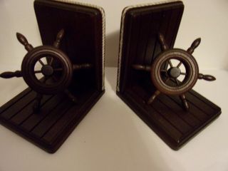 Vintage Ship Wheel Bookends Solid Wood Nautical,  For Office,  Home,  College