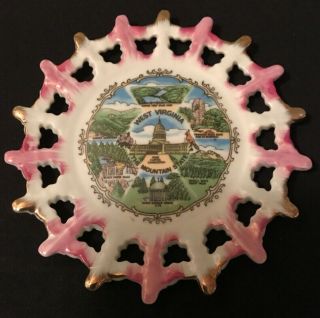 Vintage West Virginia Mountain State Souvenir Plate Trimmed In Gold And Pink