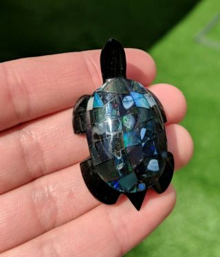Opal Obsidian Onyx Turtle Carving Figurine Mosaic Inlay Shell Mexican Mexico