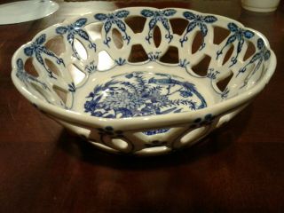 Open Lace Side Design Bowl Cobalt Blue & White Ceramic Floral Birds 13 Bottom