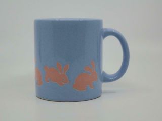 Vtg Waechtersbach Blue Coffee Mug W/ Pink Bunnies Rabbits Spain Easter Holiday