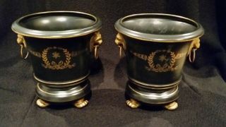 S/2 Vintage Ardalt Lenwile Artware Black & Gold Urns/vases W/lion Head Handles